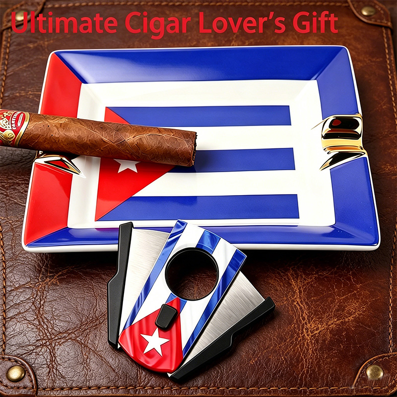 Cigar Cutter Set - ชุดซิการ์พร้อมธงคิวบา, ที่ตัดซิการ์สแตนเลส, ที่เขี่ยบุหรี่เคลือบทอง, อุปกรณ์เสริมสำหรับซิการ์, ของขวัญพรีเมียม