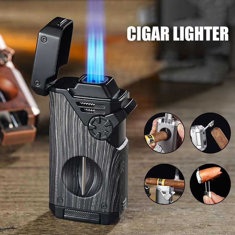Cigar Cutter Set - ชุดไฟแช็กซิการ์อเนกประสงค์, ไฟฉายแบบเจ็ท 4 หัวพร้อมที่ตัด V, ตะเกียบกันความร้อน