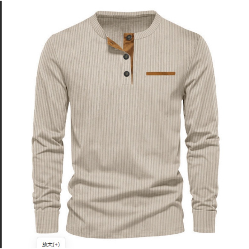 Men Accessories To Wear - เสื้อยืดแขนยาวคอเฮนลีย์ผ้าลูกฟูกสำหรับผู้ชาย แฟชั่นทรงเข้ารูปลำลอง ติดกระดุม เหมาะสำหรับใส่ในชีวิตประจำวัน